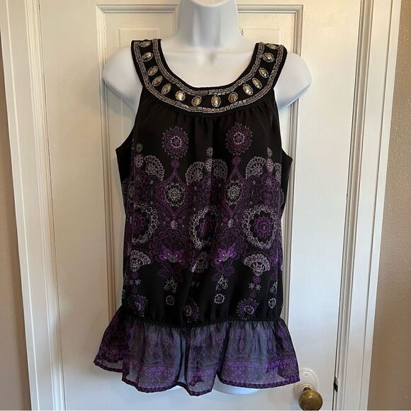 Apt.9 tank top blouse beaded neckline purple and black - Picture 1 of 9